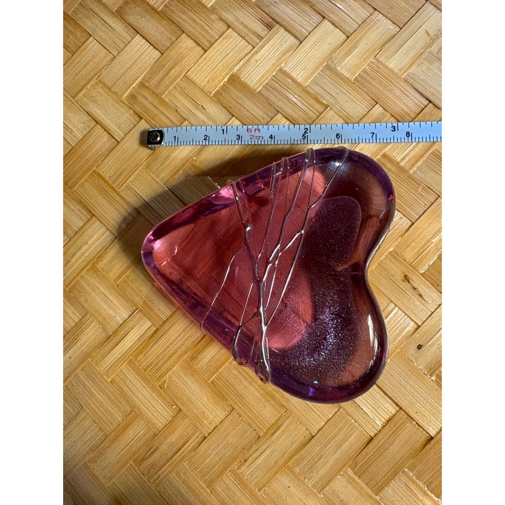 Signed Artisan Hand Blown Glass Heart Paperweight Pink Purple Wire Wrapped 1992